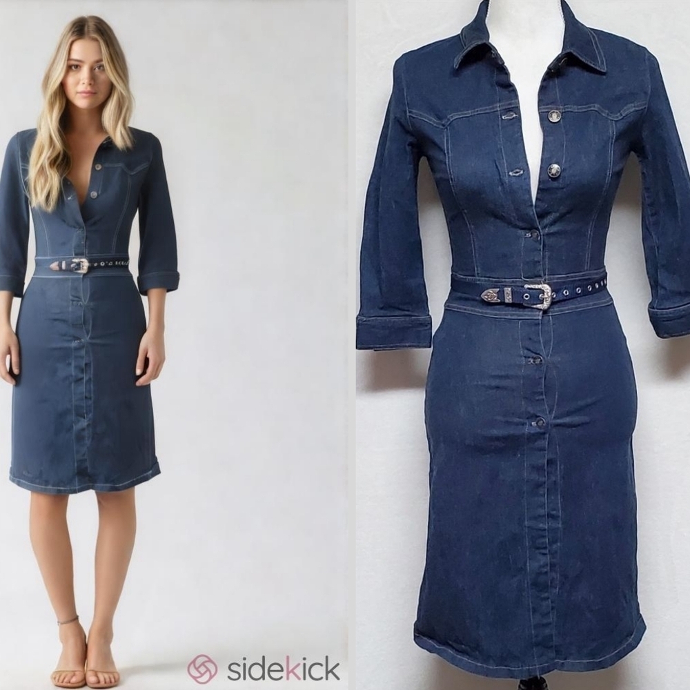 90s Vintage Mickey USA Button Up Belted Stretchy Denim Southwestern Boho Dress S